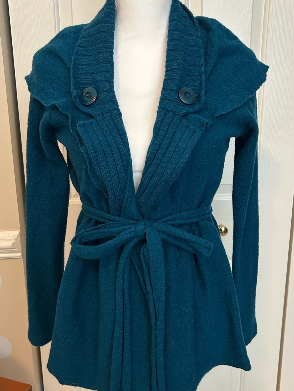 Anthropologie Teal Shawl Collar Belted Cardigan